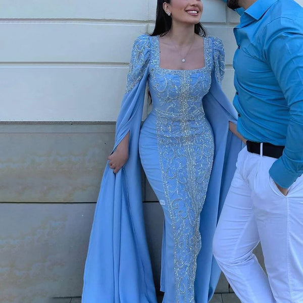 Luxury Blue Mermaid Muslim Evening Dresses with Cape Sleeves  LA72050
