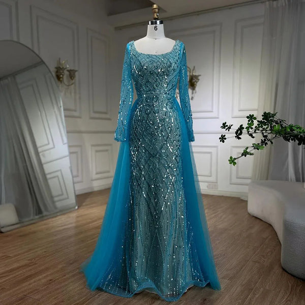 Serene Hill Blue Muslim Elegant Mermaid With Overskirt Beaded Evening Dresses Gowns for Women Wedding Party 2025 LA72409