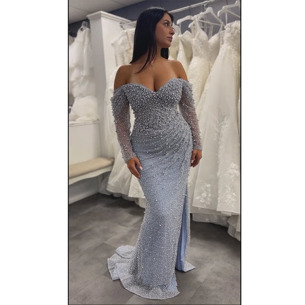 Luxury Dubai Blue Beaded Mermaid Evening  Dresses Formal Party Gowns LA72885