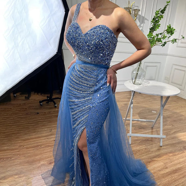 Serene Hill Blue One Shoulder High Split Mermaid Elegant Beaded With Overskirt Evening Dresses Gowns For Women Party LA71825