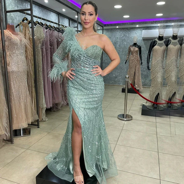 Serene Hill Blue One Shoulder Mermaid Evening Dresses Gowns Beaded Feather Elegant Luxury 2025 For Women Party LA71612