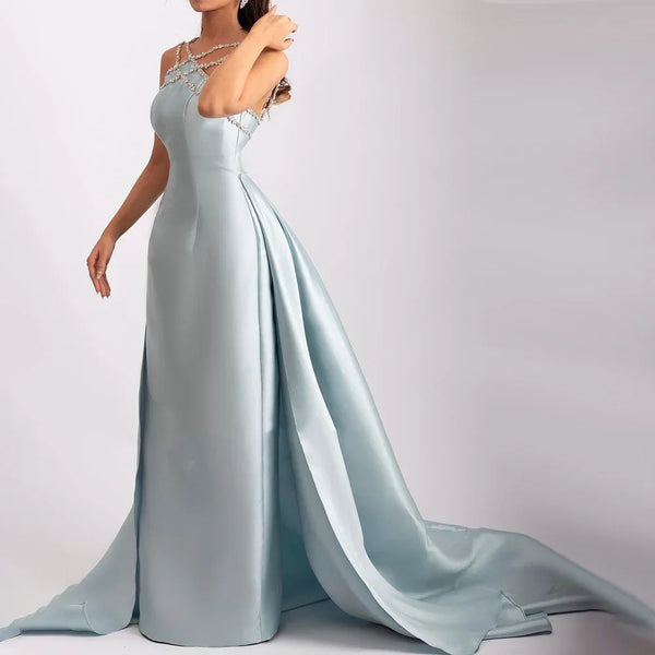 Elegant Light Blue Satin Arabic Evening Dress with Overskirt LA72524