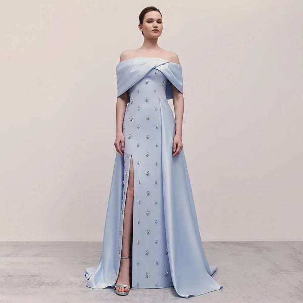Serene Hill Blue Satin Simple Elegant High Split Mermaid Boat Neck Beaded Evening Dresses Gowns for Women Party 2025 LA72458