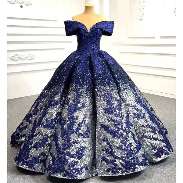 Serene Hill Blue Sexy Off Shoulder Luxury Beaded Sequined Up Bride Gowns Wedding Dress 2025 High End Custom Made HM66536B