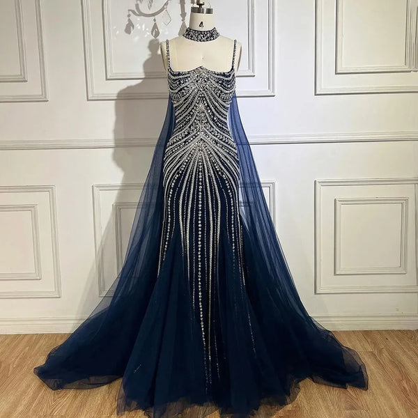 Luxury Navy Blue Mermaid Evening Dress with Chocker Cape LA72440