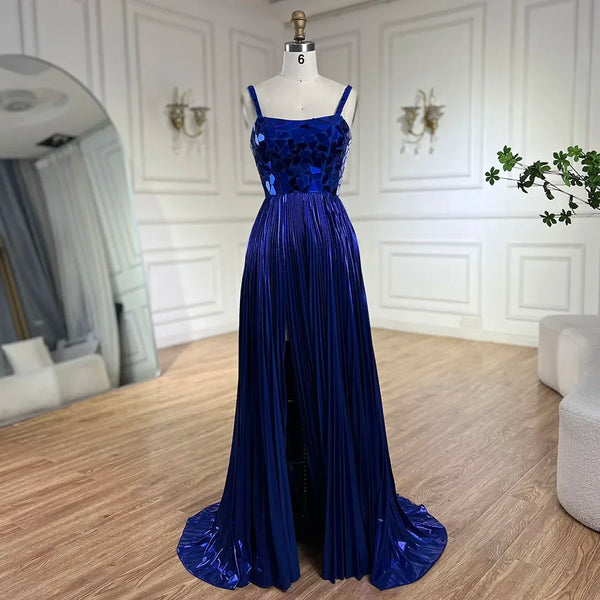 Serene Hill Blue Spaghetti Straps Lace-Up Back Mermaid Beaded Sequined Prom Dress for Women Wedding Party 2025 LA72612