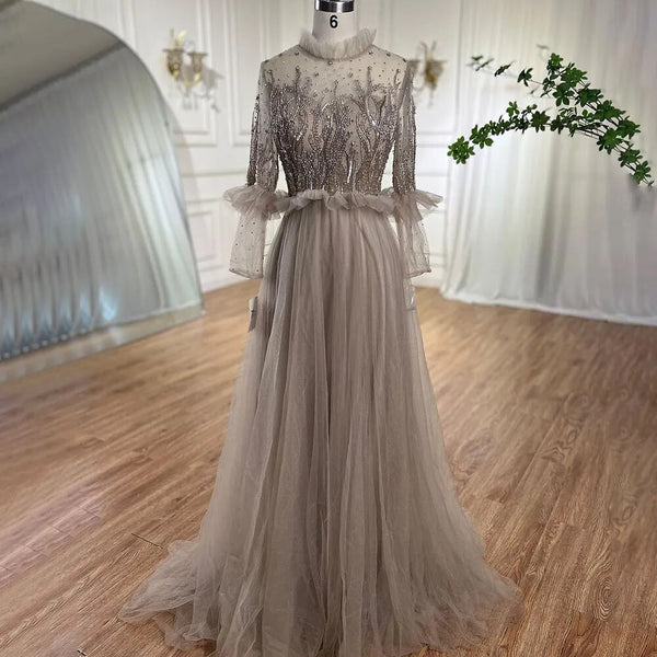 Serene Hill Caramel A Line O Neck Beaded Crystal Evening Dresses Gowns Long Sleeves For Woman Wedding Party 2025 LA70147