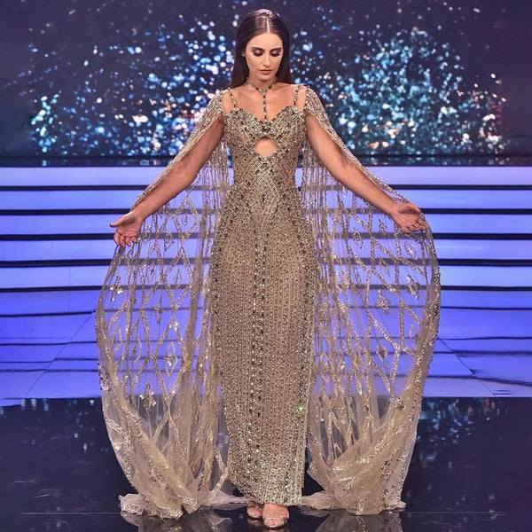 Serene Hill Caramel Cape Sleeves Mermaid Evening Dresses Luxury Beaded Party Gowns 2025 For Women LA72053