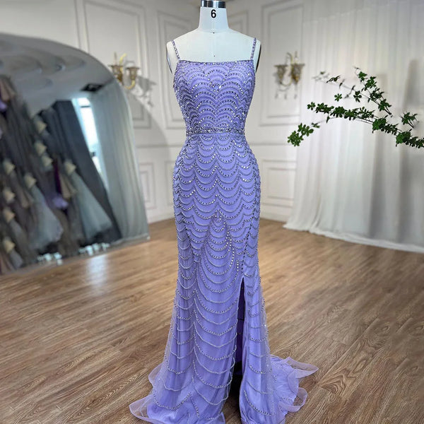 On Sale  no return no refund  Luxury Dubai Lilac Elegant Spaghetti Strap Split Beaded Formal Luxury Arabic Mermaid Evening Dresses for Formal Occasion  LA72109