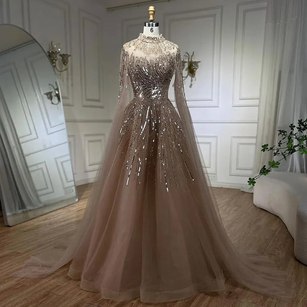 Serene Hill Caramel Luxury Evening Dresses with Cape Sleeves A-Line Beaded Lace Gown For Women's Wedding Party 2025 LA72386