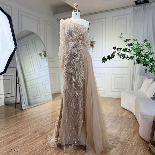 Serene Hill Caramel Mermaid With Overskirt One Shoulder Beaded Feathers Evening Dresses Gowns For Women Party 2025 LA71789A