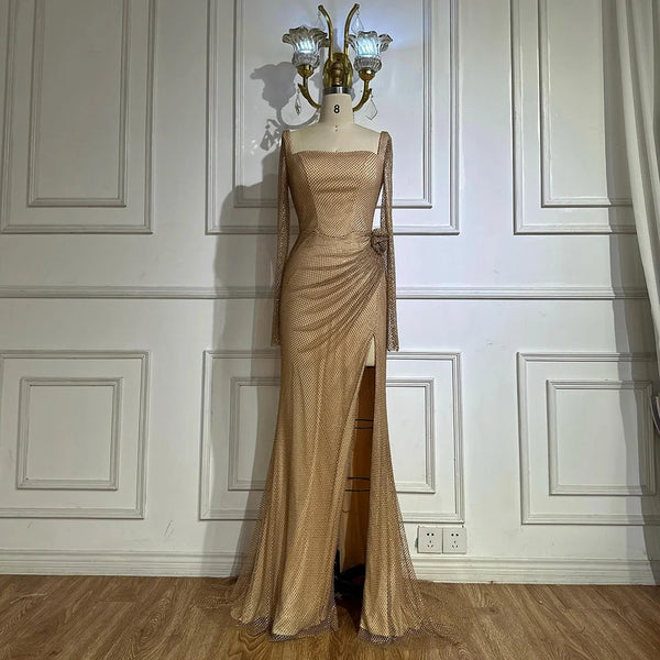 Luxury Dubai Customize  Nude Elegant High Split Beaded Mermaid Saudi Arabic Evening Dresses Gown For Formal Occasion LA72801A