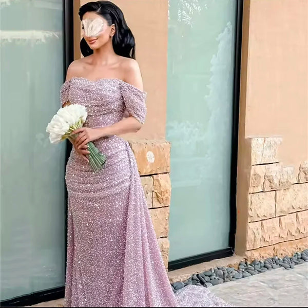Luxury Dubai Customize  Pink Elegant Saudi Mermaid Beaded Arabic Evening Dresses Gown For Formal Occasion LA72204A