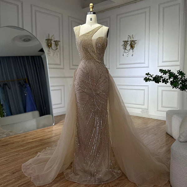 Luxury Dubai   Nude Mermaid Green Evening Gown with Elegant One Shoulder Overskirt for Formal Occasion LA72031A