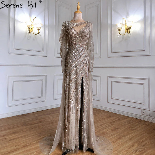 Luxury Dubai   Brown Luxury Mermaid Evening Dress Gown Beaded Elegant High Split For Formal Occasion LA70301L