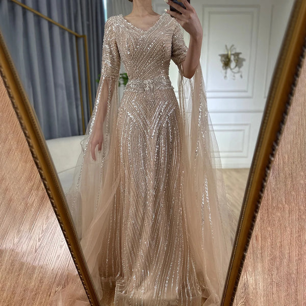 Luxury Dubai   Caramel A-Line Beaded Saudi Arabic Evening Dress with Cape Sleeves for Wedding Party LA72798