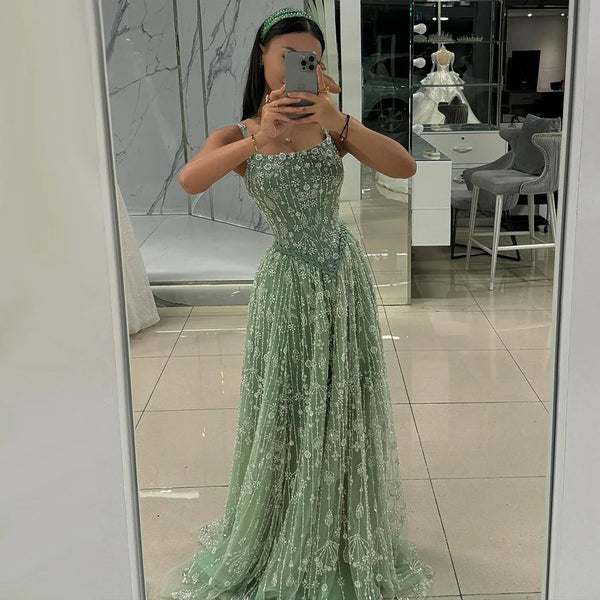 Luxury Sage Green Beaded A Line Spaghetti Strap Evening Dresses Gown LA72805