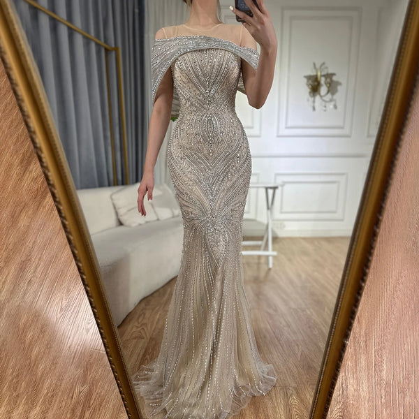 Luxury Dubai   Saudi Arabic Silver Nude Beaded Mermaid Evening Dress Gown for Formal Occasion LA72800