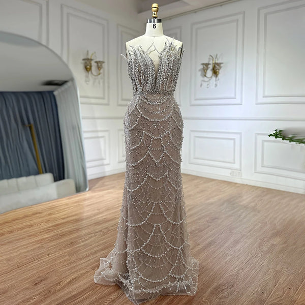 Luxury Dubai   Nude Saudi Pearls Beaded Mermaid Evening Dresses Gowns for Formal Occasion LA72816