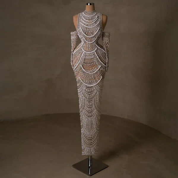 Luxury Dubai  Arabia Nude Mermaid Elegant Evening Dress Gowns with Pearls Beaded for Formal Occasion  LA72091A