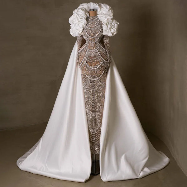 Luxury Dubai  Arabia White Nude Pearls Beaded Mermaid Long Cloak Dubai Evening Dress for Formal Occasion LA72091C