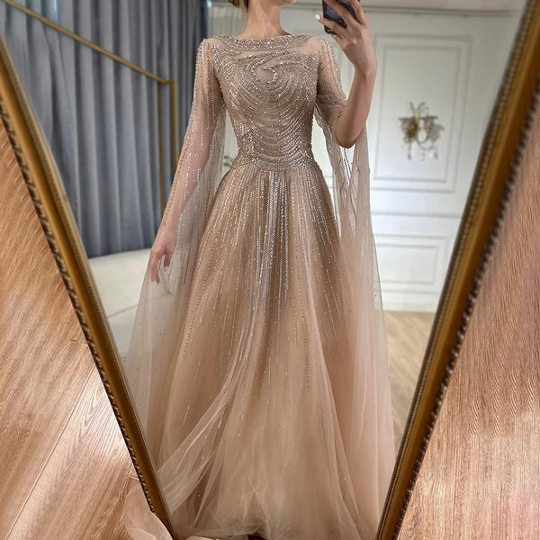 Luxury Dubai  Arabic Caramel Saudi Evening Dresses with Cape Sleeves A-Line Beaded For Wedding Party  LA72799