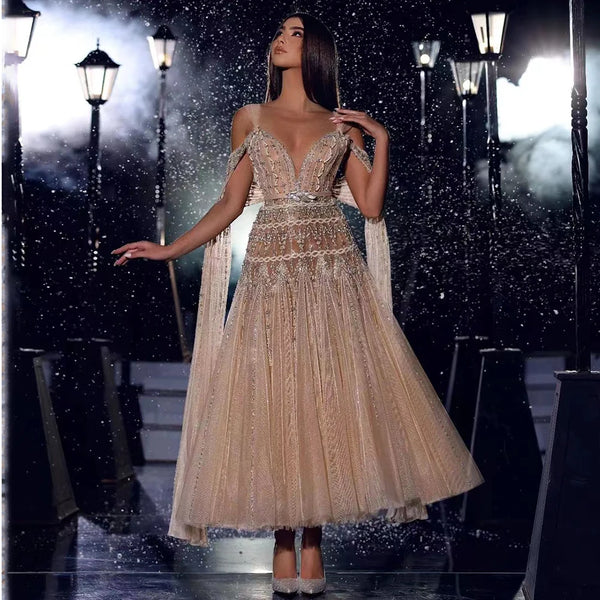 Luxury Dubai  Arabic Nude A-Line Midi Straps Beaded Evening Dresses Gowns  For Women Wedding Party LA71911