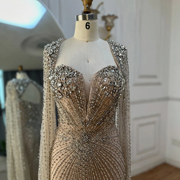 Luxury Dubai  Arabic Silver Nude Cape Sleeves Beaded Evening Dresses Gowns For Women Wedding Party  LA72575