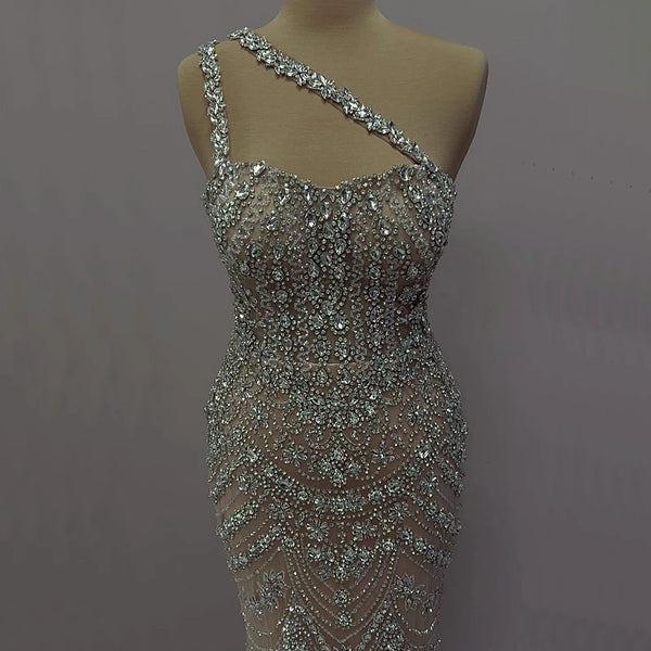 Luxury Dubai  Elegant Nude One Shoulder Beaded Evening Dresses Gowns for Formal Occasion  LA72791