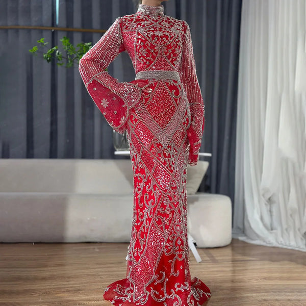 Luxury Dubai  Muslim Red Mermaid Black Evening Dress with Cape Sleeves and Beaded for Formal Occasion  LA72316C