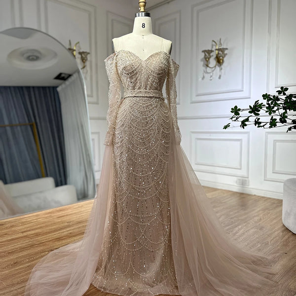 Luxury Dubai  Nude Mermaid Arabia Beaded Evening Dress Gown with Detachable Skirt for Formal Occasion  LA72243A
