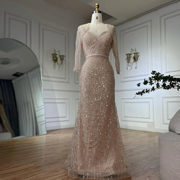 Luxury Dubai  Nude Spaghetti Strap Beaded Mermaid Gown with Detachable Long Sleeve Jacket for Formal Occasion LA72160C