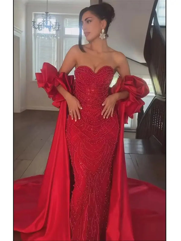 Red Long Cape Pearls Beaded Mermaid Evening Dress Gown LA72585A