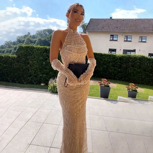 Luxury Nude Mermaid Evening Dresses with Gloves LA72032A