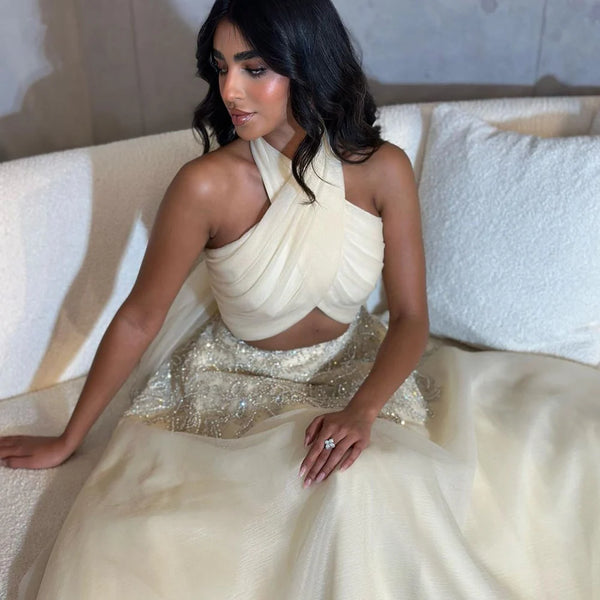 Serene Hill Dubai Arabic Beige A Line Halter Beaded Luxury Evening Dresses Gowns For Women Wedding Party 2025 LA72278
