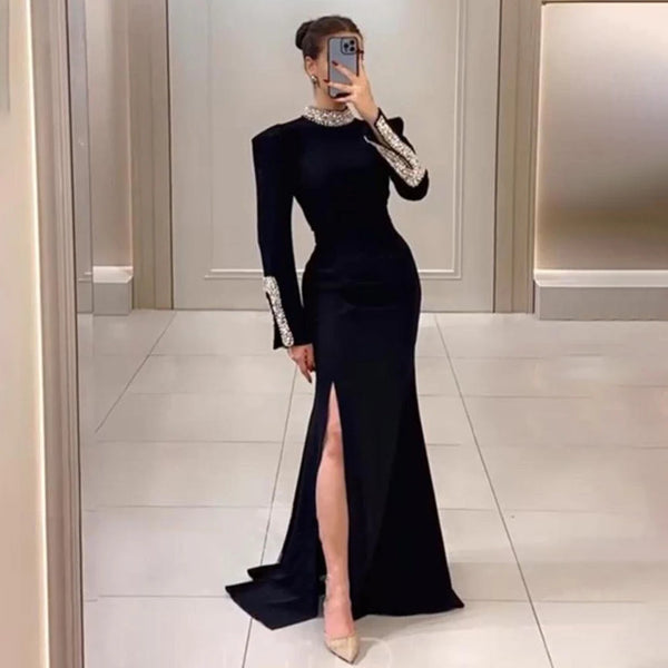 Black Satin Split Mermaid Luxury Evening Dress Gown LA72476