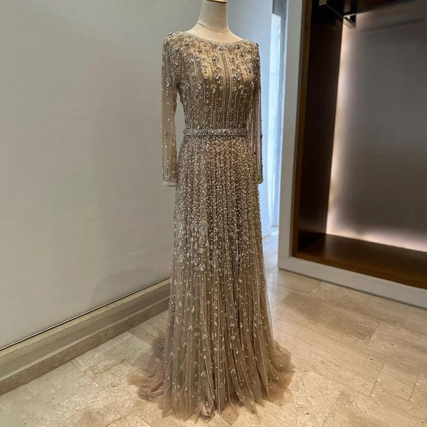 Serene Hill Dubai Arabic Designer Luxury Nude A Line Beaded Evening Dresses Gowns For Women Wedding Party  LA72088