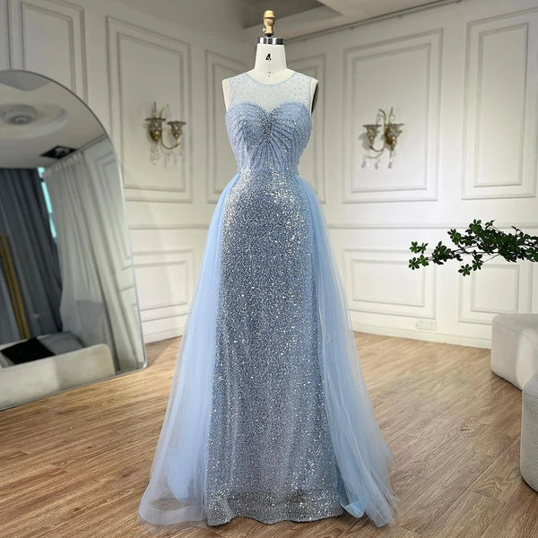 Sparkling Crystal Blue Evening Gown with Overskirt LA72588