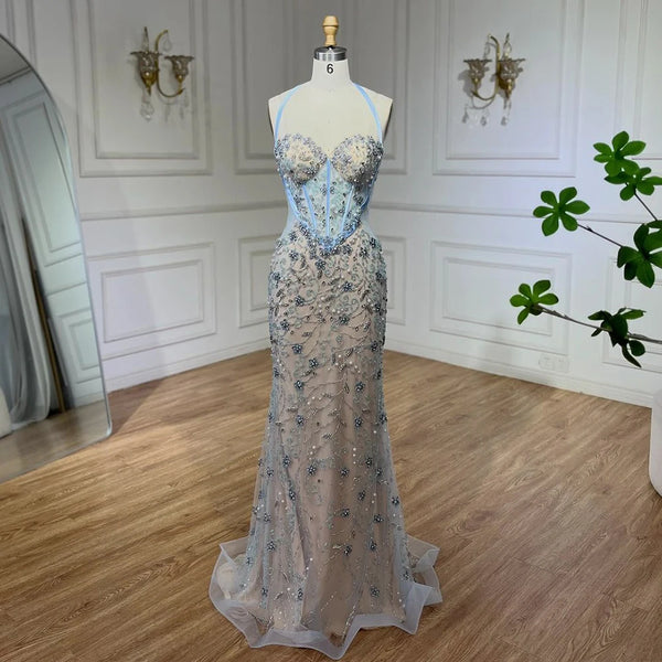 Serene Hill Dubai Blue Mermaid Luxury Beaded Spaghetti Strap Arabic Evening Dresses Gowns for Women Wedding Party 2025 LA72330