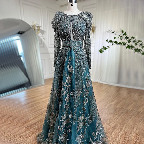 Serene Hill Dubai Blue Muslim Lace Beaded Evening Dresses Gowns 2025 A-Line Luxury Long Sleeves For Women Wedding Party LA71628