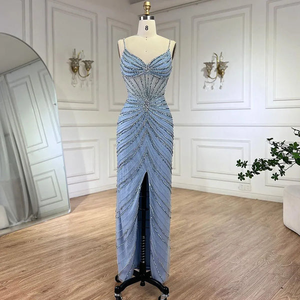 Serene Hill Dubai Blue Spaghetti Strap Mermaid Split Beaded Luxury Evening Dresses Gowns for Women Wedding Party 2025 LA72439