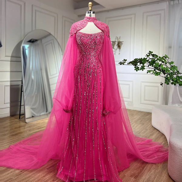 Serene Hill Dubai Caramel Mermaid Long Cloak Beaded Pearls Luxury Evening Dresses Gowns For Women Wedding Party 2025 LA72223