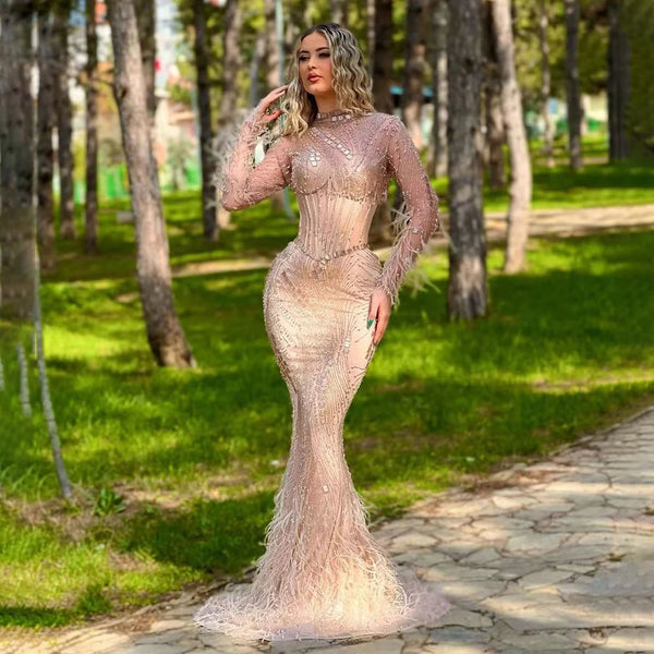 Serene Hill Dubai Gowns Nude Illusion Pearls Beaded Feathers Mermaid Long Evening Dresses 2025 for Women Wedding Party LA72245
