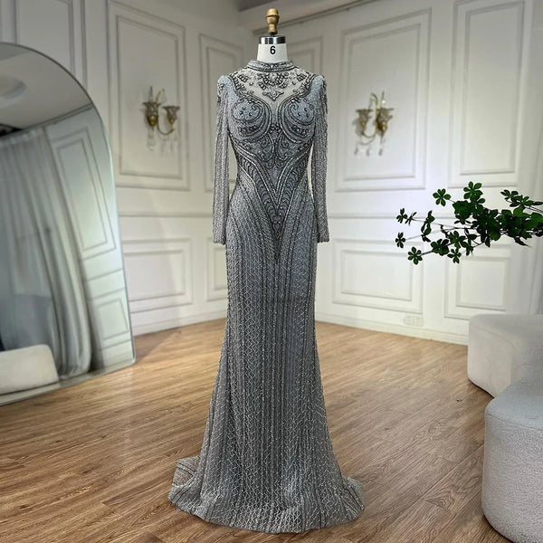 Serene Hill Dubai Gray Mermaid Elegant Lace Crystal Beaded Luxury Evening Dresses Gowns For Women Wedding Party 2025 LA72516