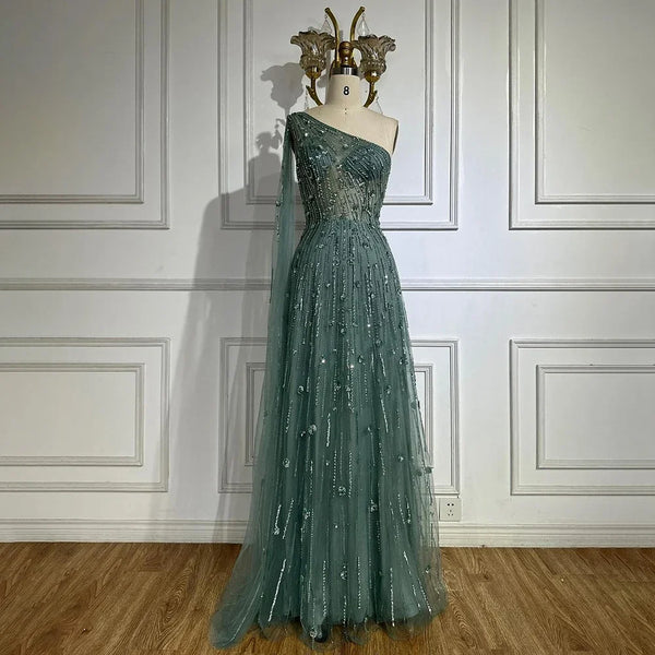 Luxury Beaded Turquoise One Shoulder Evening Dresses with Cape Sleeves LA72503