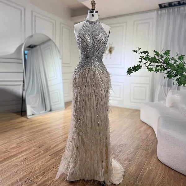 Feathers Mermaid Silver Gray Evening Dress Formal Party Gown LA70623A