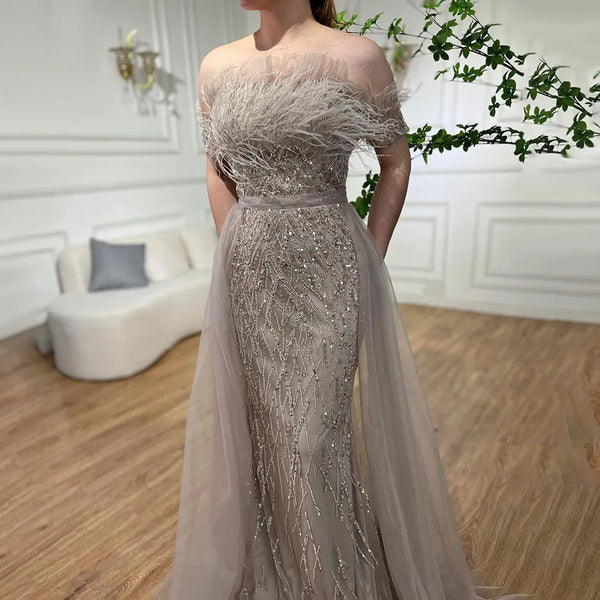 Dubai Luxury Beaded Blue Mermaid Evening Dress Gown with Overskirt LA71634