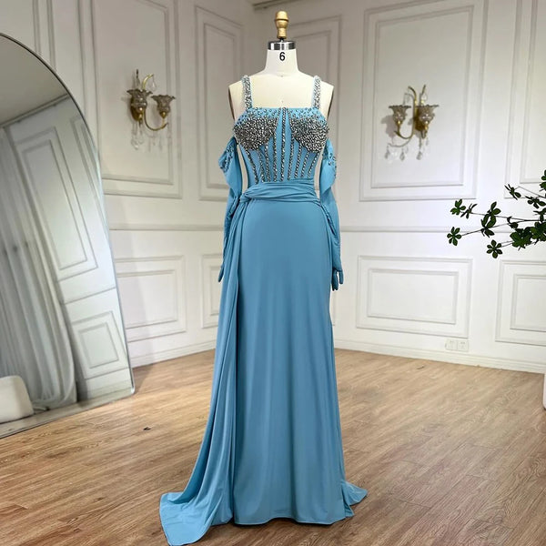 Serene Hill Dubai Luxury Evening Gown 2025 Blue High Split Mermaid Spaghetti Strap Gloves Perfect for Wedding Parties LA72366