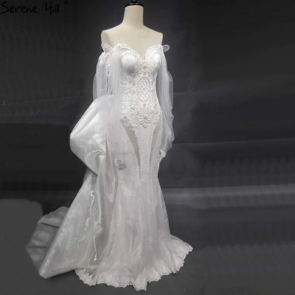 Serene Hill Dubai Off Shoulder Lantern Sleeves Wedding Dresses  Crystal Lace Mermaid Elegant Bridal Gowns Custom Made HA2402