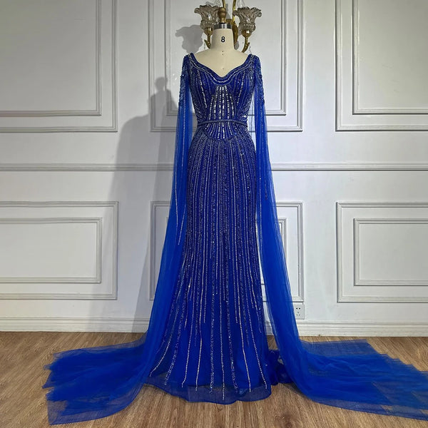 Serene Hill Dubai Royal Blue Elegant Cape Sleeves Beaded Arabic Luxury Evening Dresses Gowns for Women Party 2025 LA72502